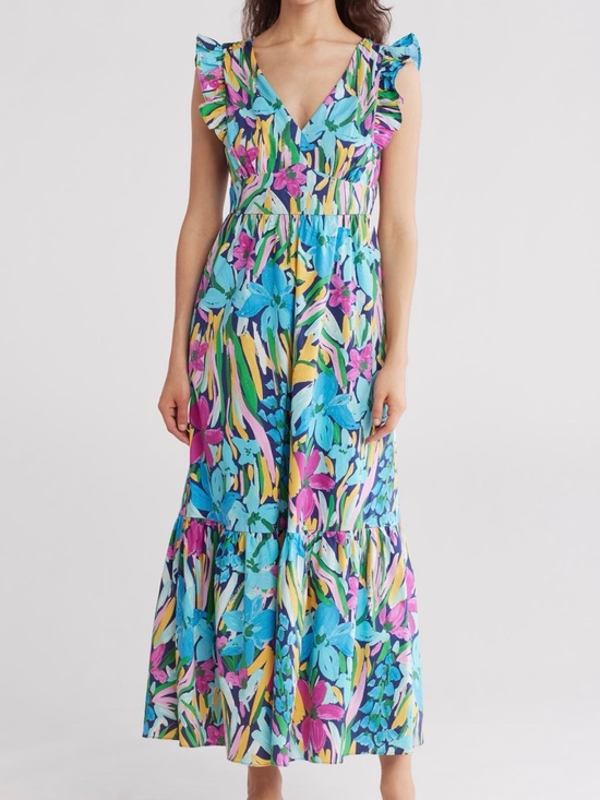 Maggy London Dresses & Skirts - Floral Ruffle V-Neck Maxi Dress Size M Navy/Aqua